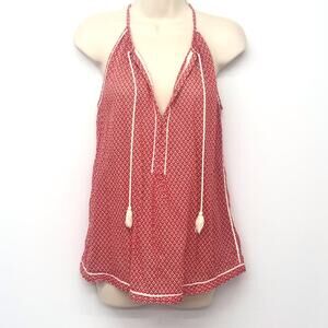 Joe Fresh Red White Tribal Print Boho Style Racerback Top Tassel Front TIe